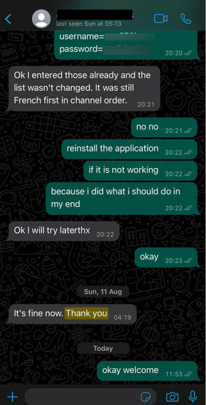 aero iptv WhatsApp customer review screenshot 2