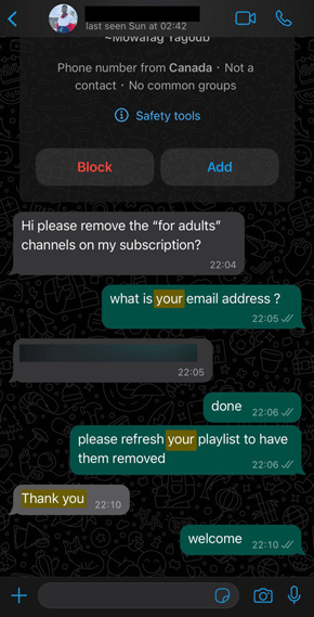 aero iptv WhatsApp customer review screenshot 3