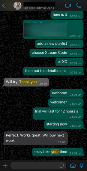 aero iptv WhatsApp customer review screenshot 5